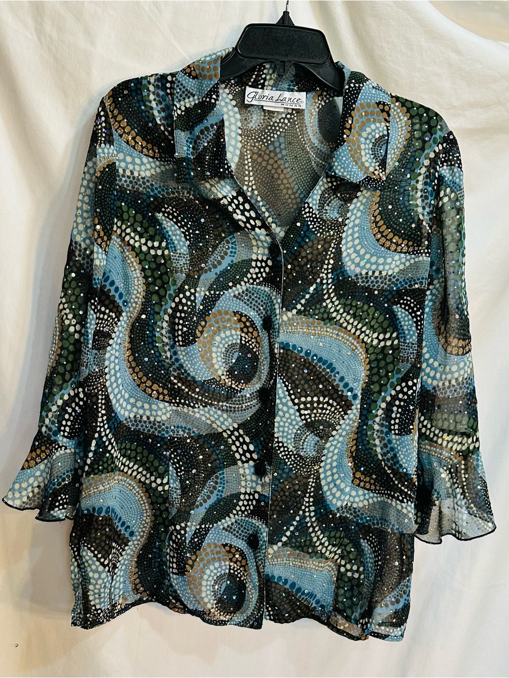 Gloria Vance Blue & Green Swirl with Sparkles on a Button-Front Blouse